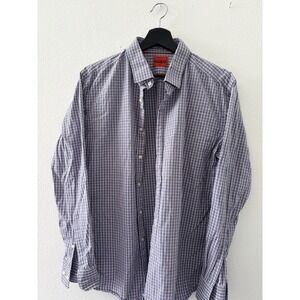 HUGO Boss Slim Fit Plaid Dress Shirt Mens 17.5 44 Blue Long Sleeve Button Down